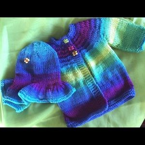 Handmade Crochet Baby Sweater Hat Set Rainbow 6mos